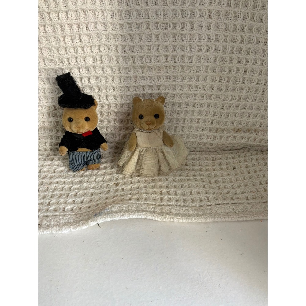 Vintage Kids Sylvanian Families Wedding Bear Figures Small Tan Black White